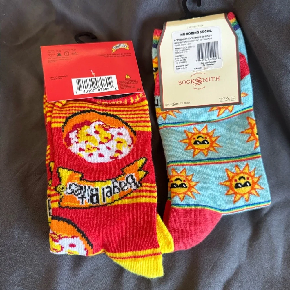 Novelty Socks 2 pair Bagel Bites & Sunshine Faces. NWT